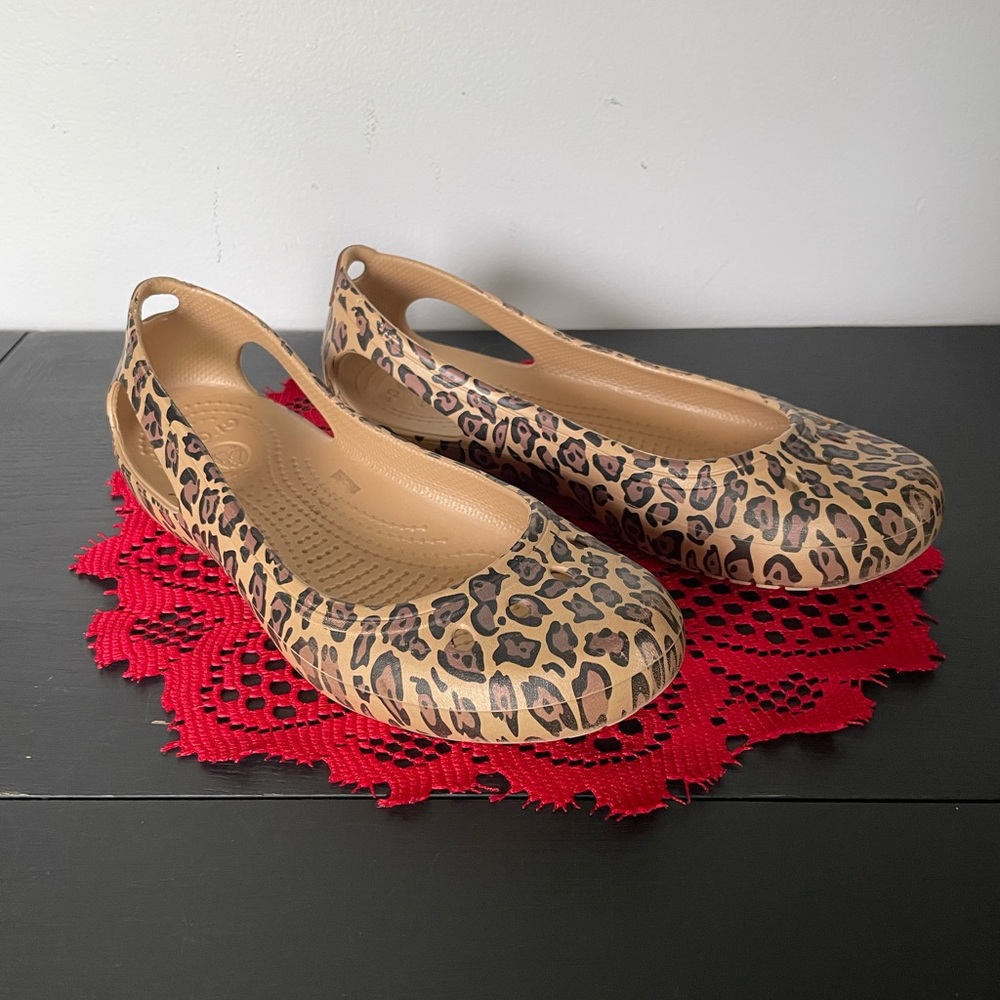 CROCS Leopard Print Flats in Tan and Black